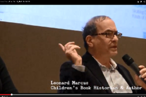 Still from video of Leonard Marcus speaking at NYPL event in 2014