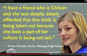 Photo of Watauga high school student Emma Deuitch and overlaying quote from public comments made at a recent board meeting. Deuitch talks about a Chilean friend who was angered by the removal of house of the spirits
