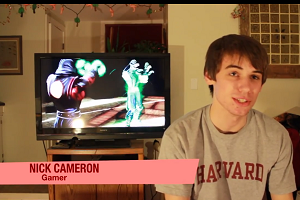 Film still of a gamer talking in front of a video game