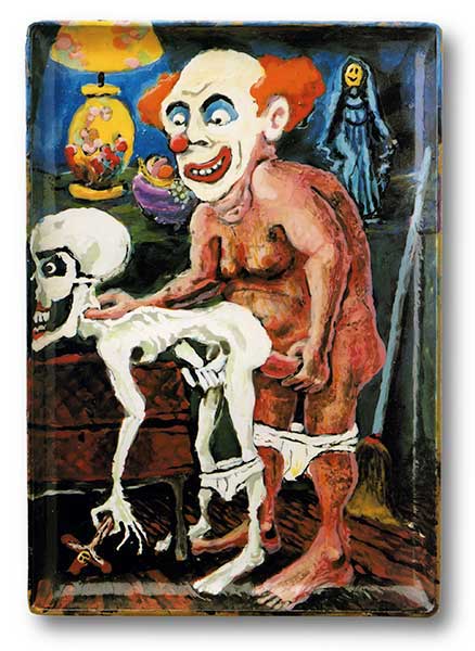 Jerome Caja (born 1958, died 1995). Bozo Fucks Death, 1988. Nail polish and white-out on plastic tray, 7.5x7.5x0.5 inches. Courtesy of the Estate of Jerome Caja and Gallery Paule Angilm.