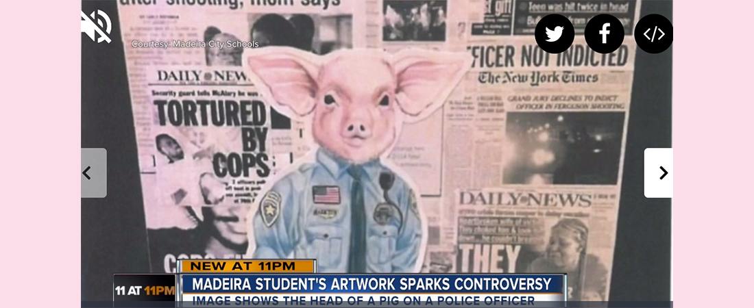A student's art shows a pig in a police uniform in front of a collage of negative press coverage of police.
