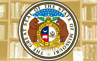 Missouri state seal overlaid on an image of library shelves