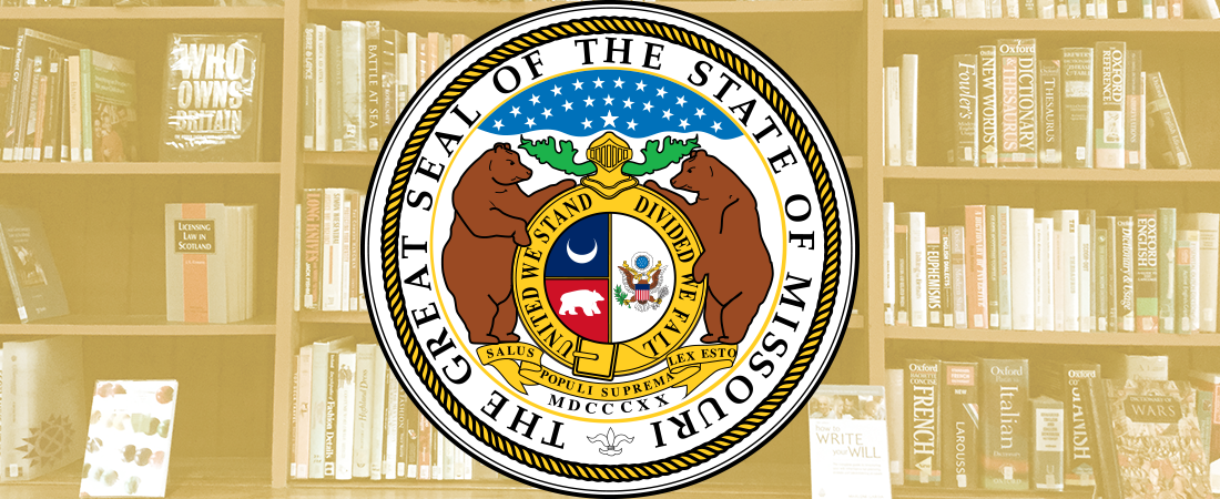 Missouri state seal overlaid on an image of library shelves