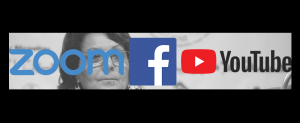 Zoom, Facebook, YouTube logos obscuring a black and white image of Leila Khaled