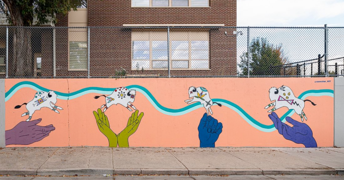 Danielle SeeWalker, Buffalo Run, 2023. Mural commissioned for the Brown International Academy in Denver, CO.